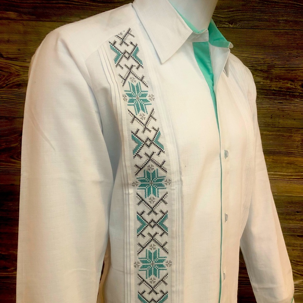 Mens Mexican Guayabera Shirt Long Sleeve White Linen Aqua Green Embroidery